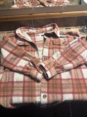 American Eagle Outfitters Plaid Button-Up Sweater Jacket in Cream, Rust, Pink